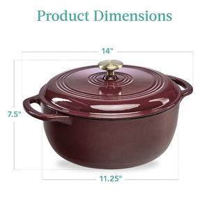 6 Quart Large Maroon Cabernet Red Enamel Cast-Iron Dutch Oven