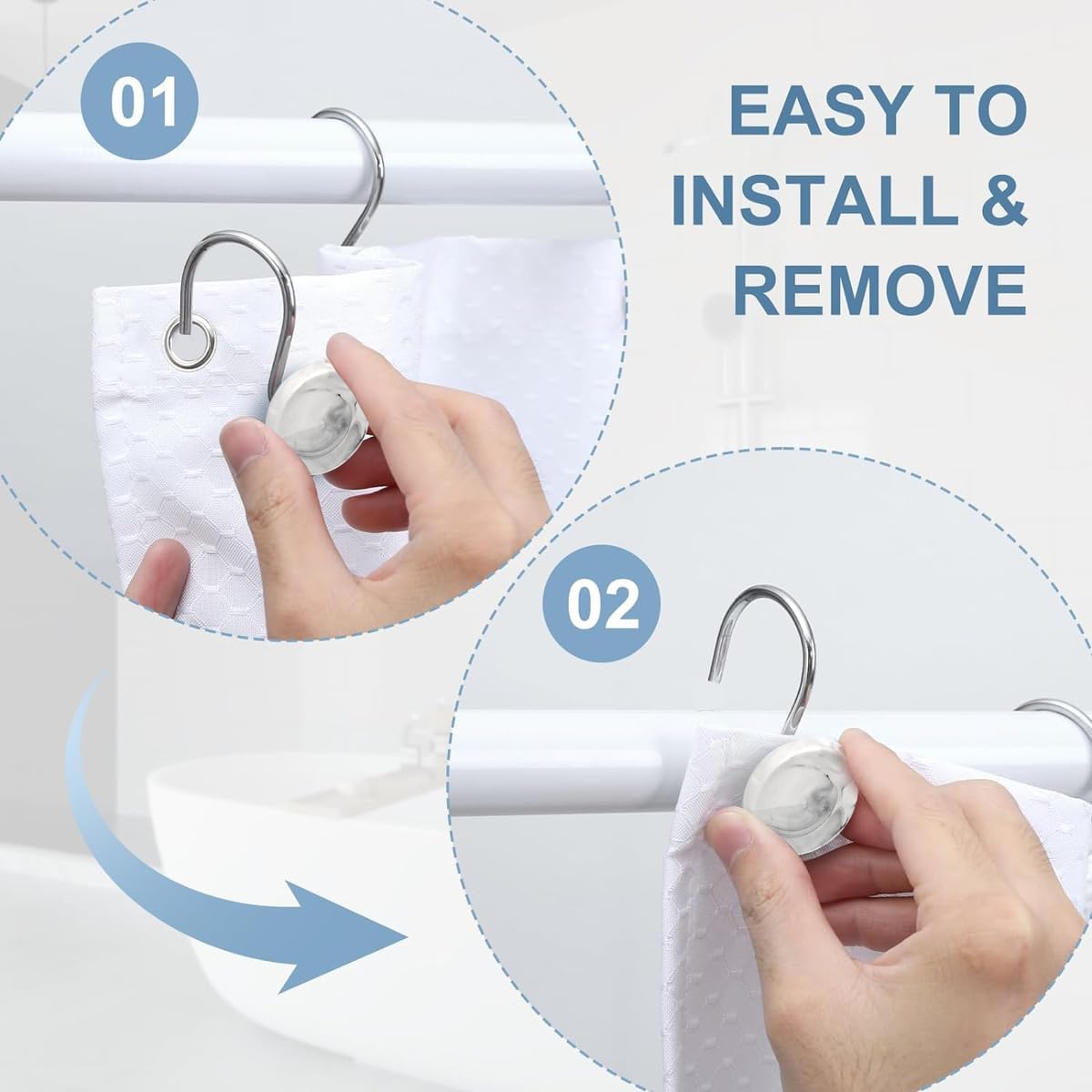 Set of 12 Rust Resistant Shower Curtain Hooks - 6 Designs