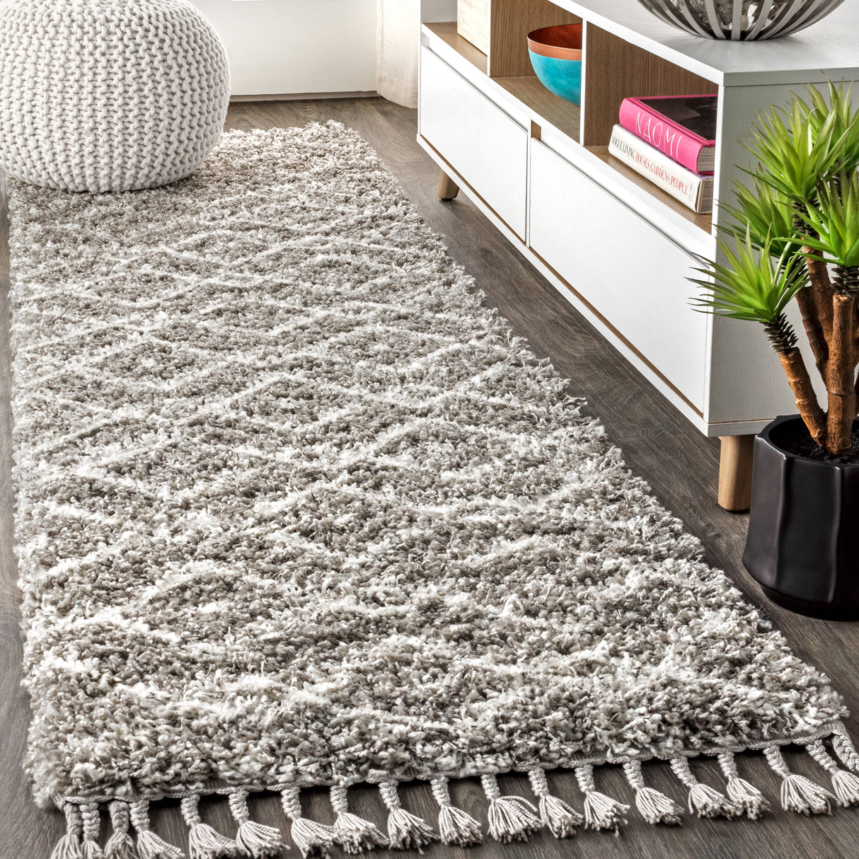 Mercer Shag Plush Tassel Moroccan Diamond Runner Rug