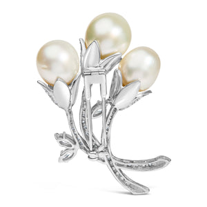18K White Gold 2 1/5 Cttw Diamond and South Sea Pearl Floral Brooch Pin (G-H Color, VS1-VS2 Clarity)