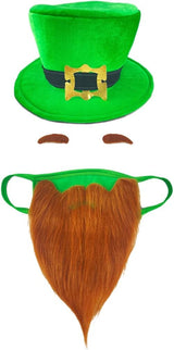 St Patricks Day Beard Face Mask and Green Hat Leprechaun Costume for Adults