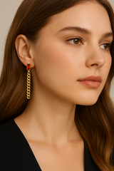 Dangle Chain Earrings with Cubic Zirconia Emerald and Gift Pouch