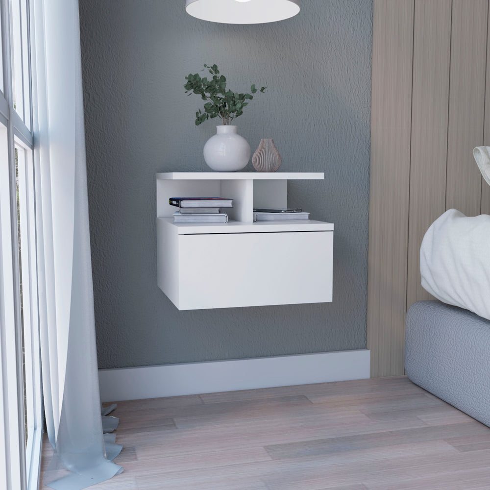 Floating Nightstand 12"H, Wall Mounted with Single Drawer and 2-Tier Shelf
