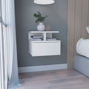 Floating Nightstand 12"H, Wall Mounted with Single Drawer and 2-Tier Shelf
