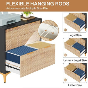 Retro Natural/Black with Gold Handles/Legs 2 Drawer Filing Cabinet Printer Stand
