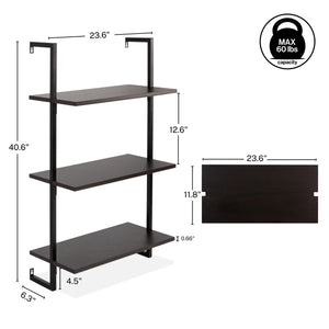 Madera Classic Industrial 3-Shelf Wood Wall-Mounted Open Ladder Bookcase with Metal Frame