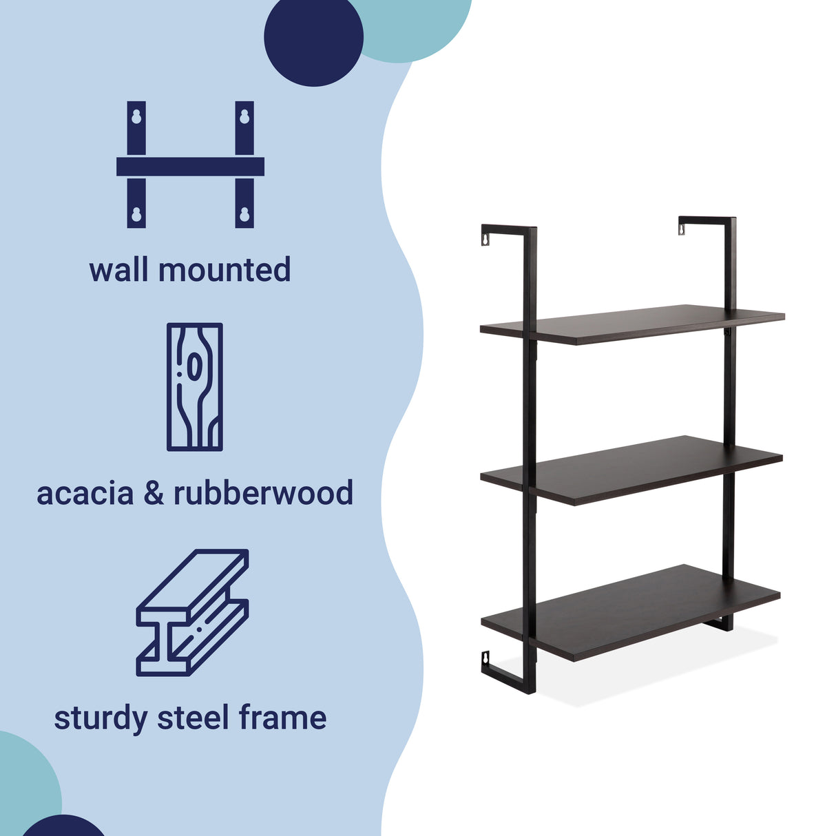 Madera Classic Industrial 3-Shelf Wood Wall-Mounted Open Ladder Bookcase with Metal Frame