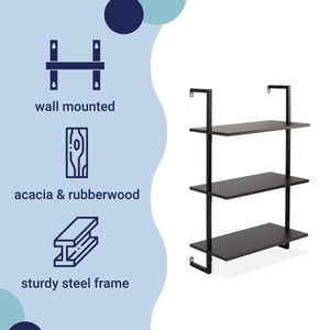 Madera Classic Industrial 3-Shelf Wood Wall-Mounted Open Ladder Bookcase with Metal Frame