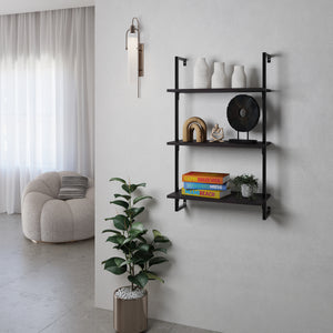 Madera Classic Industrial 3-Shelf Wood Wall-Mounted Open Ladder Bookcase with Metal Frame