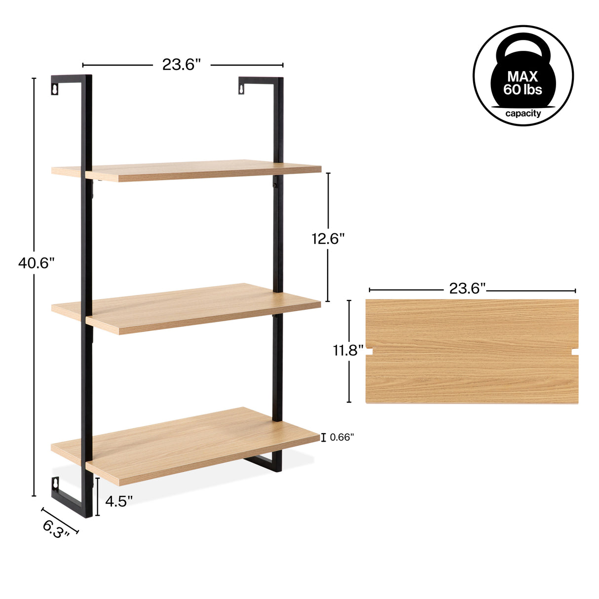 Madera Classic Industrial 3-Shelf Wood Wall-Mounted Open Ladder Bookcase with Metal Frame