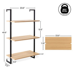 Madera Classic Industrial 3-Shelf Wood Wall-Mounted Open Ladder Bookcase with Metal Frame