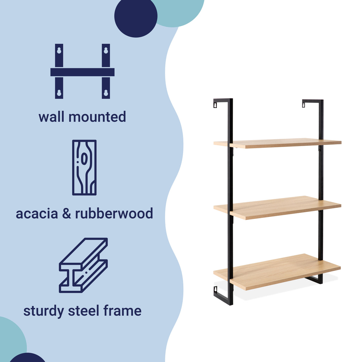 Madera Classic Industrial 3-Shelf Wood Wall-Mounted Open Ladder Bookcase with Metal Frame