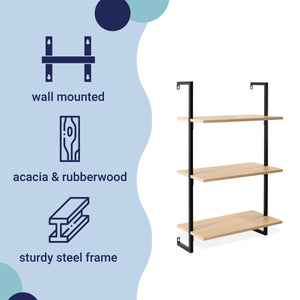 Madera Classic Industrial 3-Shelf Wood Wall-Mounted Open Ladder Bookcase with Metal Frame
