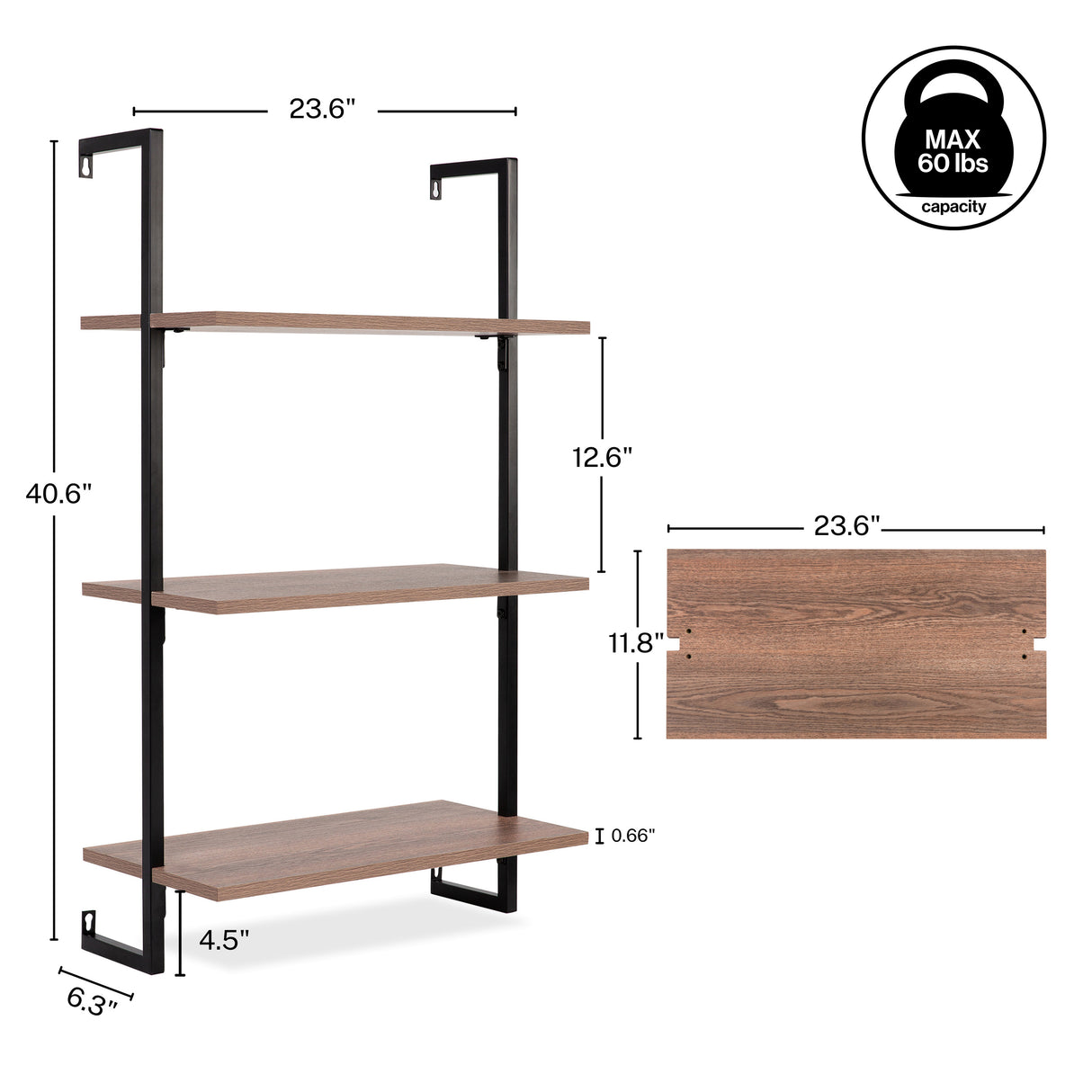 Madera Classic Industrial 3-Shelf Wood Wall-Mounted Open Ladder Bookcase with Metal Frame