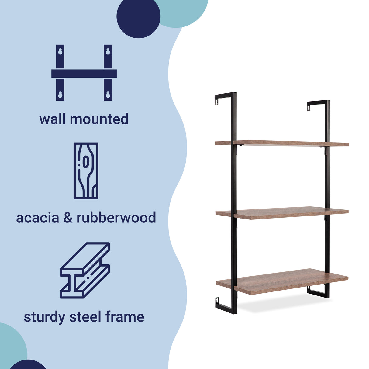 Madera Classic Industrial 3-Shelf Wood Wall-Mounted Open Ladder Bookcase with Metal Frame