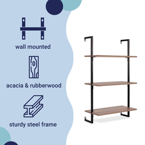 Madera Classic Industrial 3-Shelf Wood Wall-Mounted Open Ladder Bookcase with Metal Frame