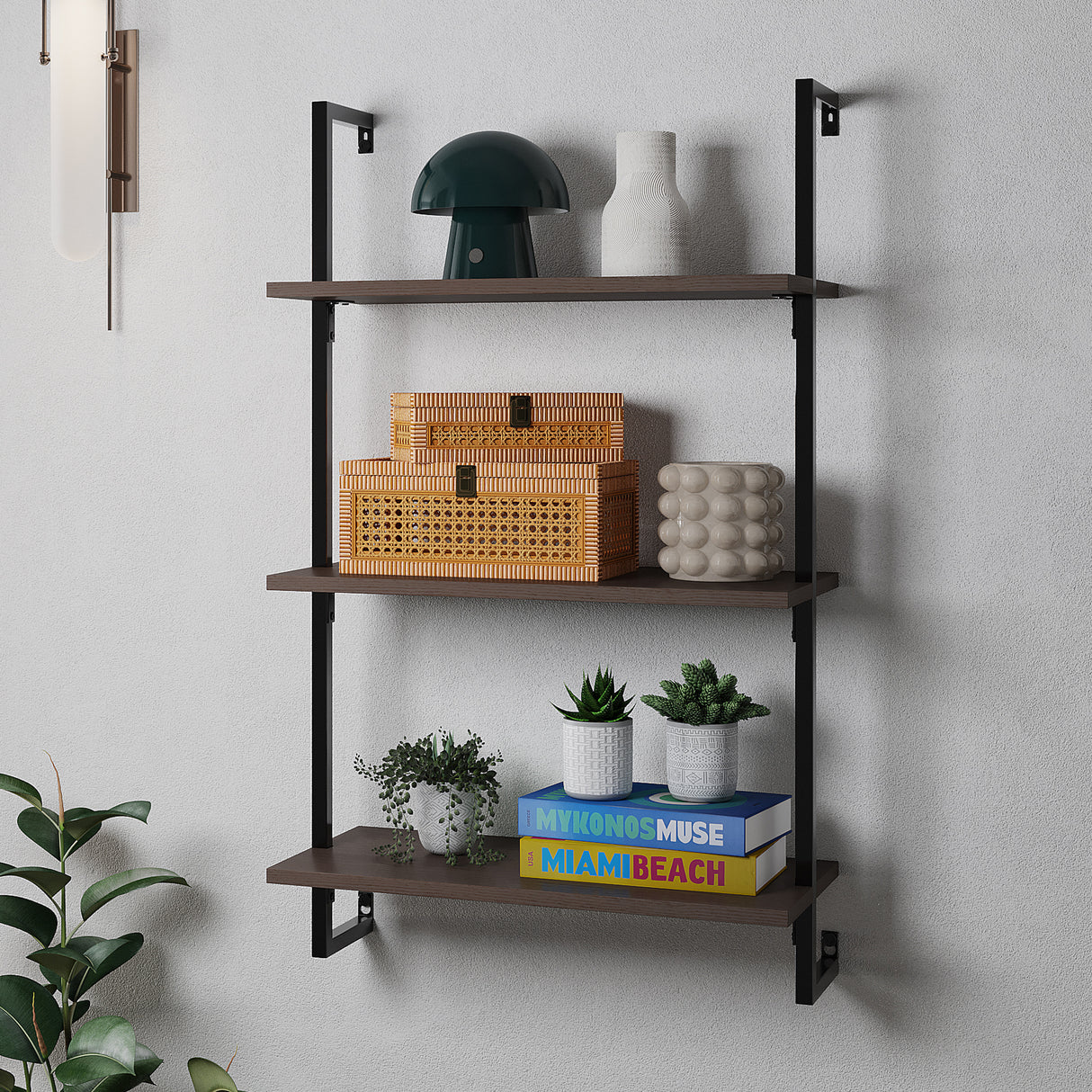 Madera Classic Industrial 3-Shelf Wood Wall-Mounted Open Ladder Bookcase with Metal Frame