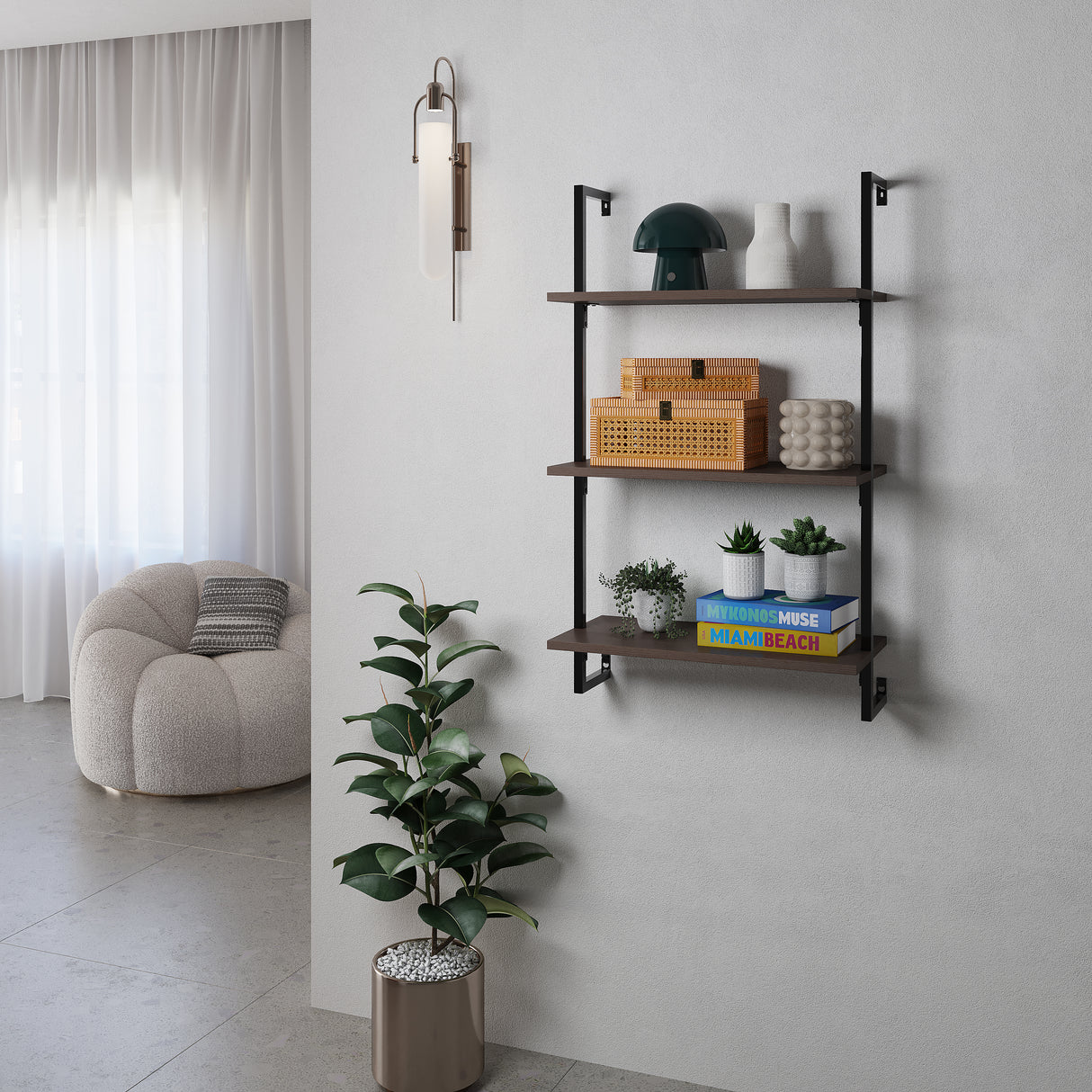 Madera Classic Industrial 3-Shelf Wood Wall-Mounted Open Ladder Bookcase with Metal Frame