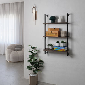 Madera Classic Industrial 3-Shelf Wood Wall-Mounted Open Ladder Bookcase with Metal Frame