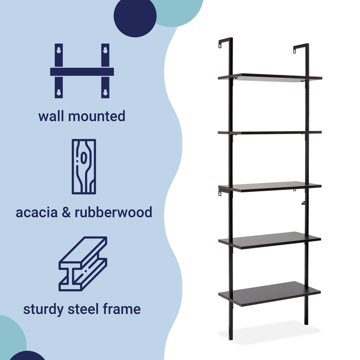 Madera Classic Industrial 5-Shelf Wood Wall-Mounted Open Ladder Bookcase with Metal Frame