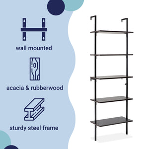 Madera Classic Industrial 5-Shelf Wood Wall-Mounted Open Ladder Bookcase with Metal Frame