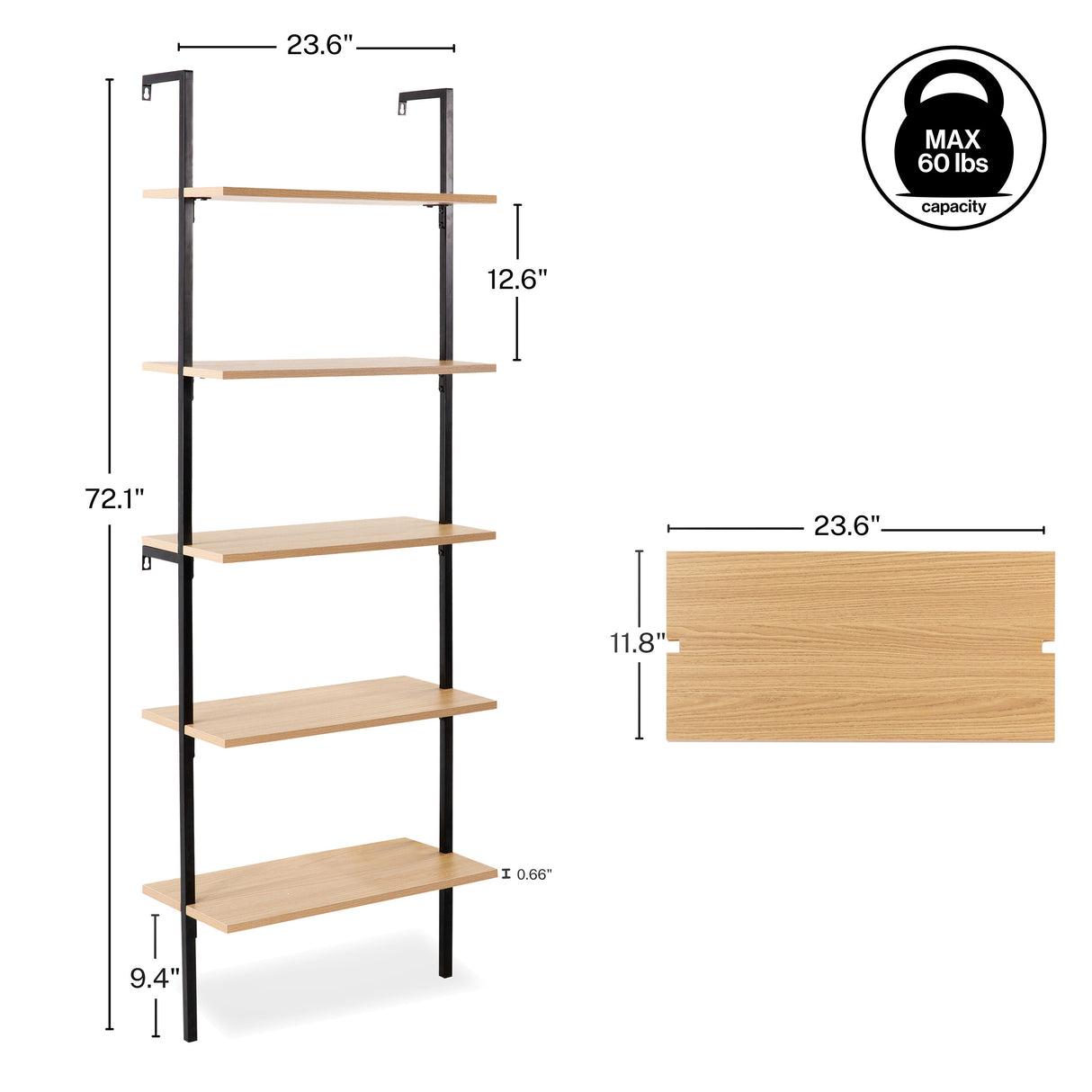 Madera Classic Industrial 5-Shelf Wood Wall-Mounted Open Ladder Bookcase with Metal Frame