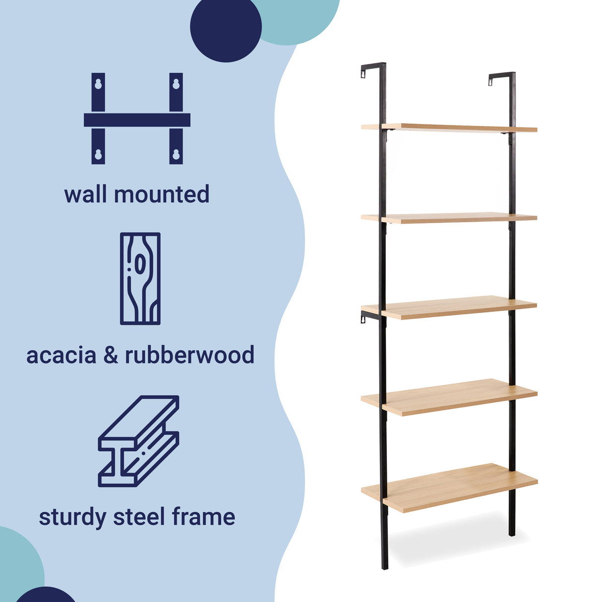 Madera Classic Industrial 5-Shelf Wood Wall-Mounted Open Ladder Bookcase with Metal Frame