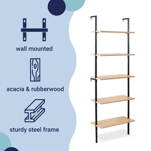 Madera Classic Industrial 5-Shelf Wood Wall-Mounted Open Ladder Bookcase with Metal Frame