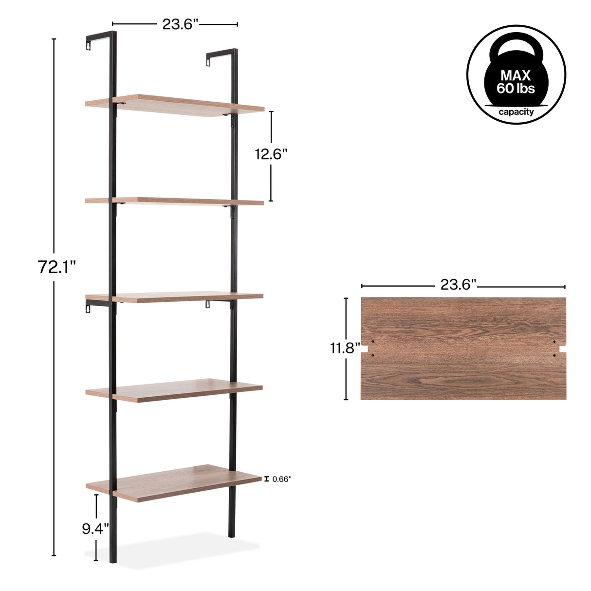 Madera Classic Industrial 5-Shelf Wood Wall-Mounted Open Ladder Bookcase with Metal Frame
