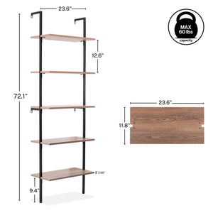 Madera Classic Industrial 5-Shelf Wood Wall-Mounted Open Ladder Bookcase with Metal Frame