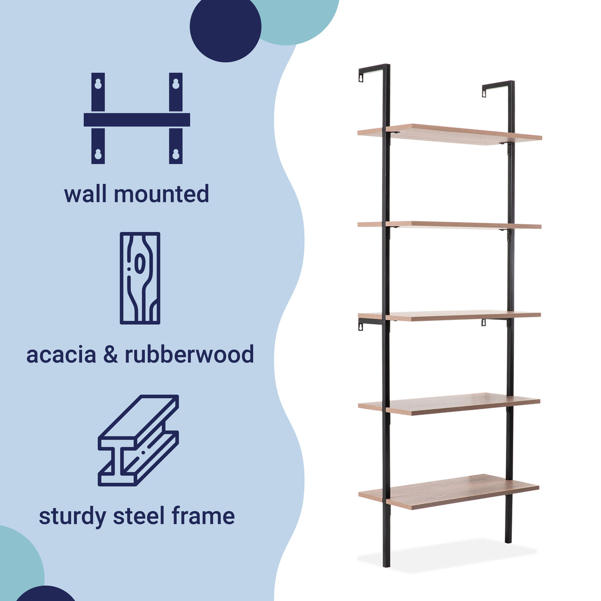 Madera Classic Industrial 5-Shelf Wood Wall-Mounted Open Ladder Bookcase with Metal Frame