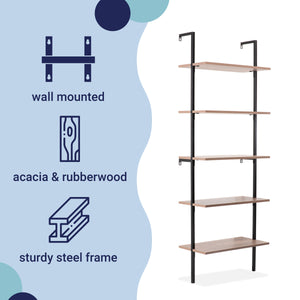 Madera Classic Industrial 5-Shelf Wood Wall-Mounted Open Ladder Bookcase with Metal Frame