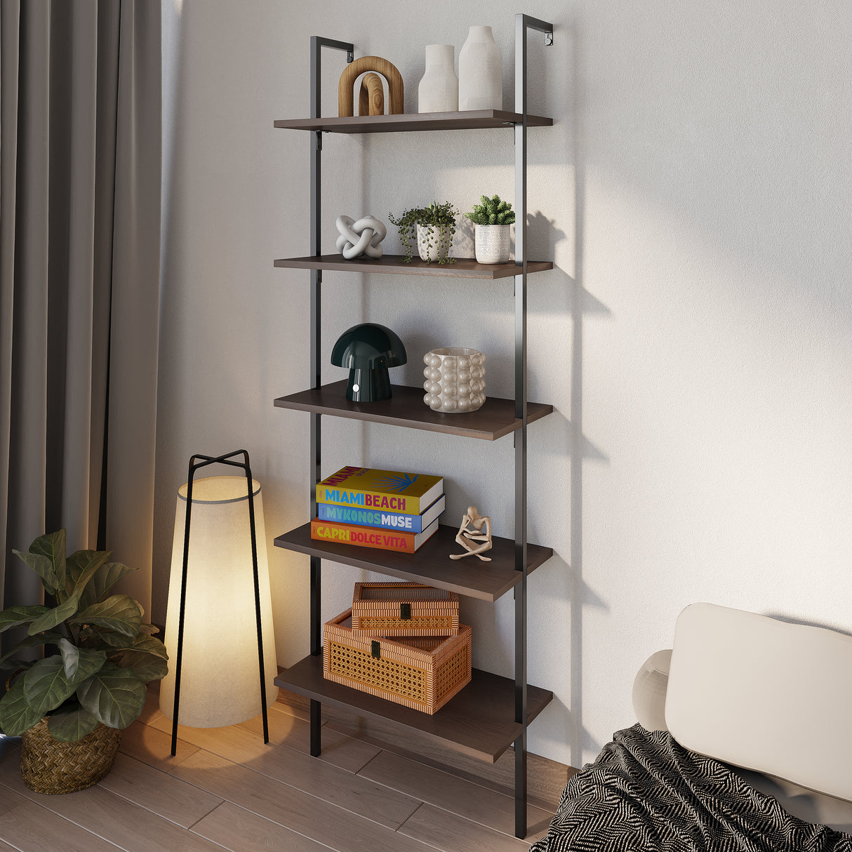 Madera-Classic-Industrial-5-Shelf-Wood-Wall-Mounted-Open-Ladder-Bookcase-with-Metal-Frame-Bookcases-&-Standing-Shelves