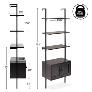 Tulare MidCentury Industrial 4-Shelf Wood Wall-Mounted Open Ladder Bookcase with Cabinet and Metal Frame