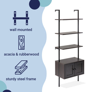 Tulare MidCentury Industrial 4-Shelf Wood Wall-Mounted Open Ladder Bookcase with Cabinet and Metal Frame