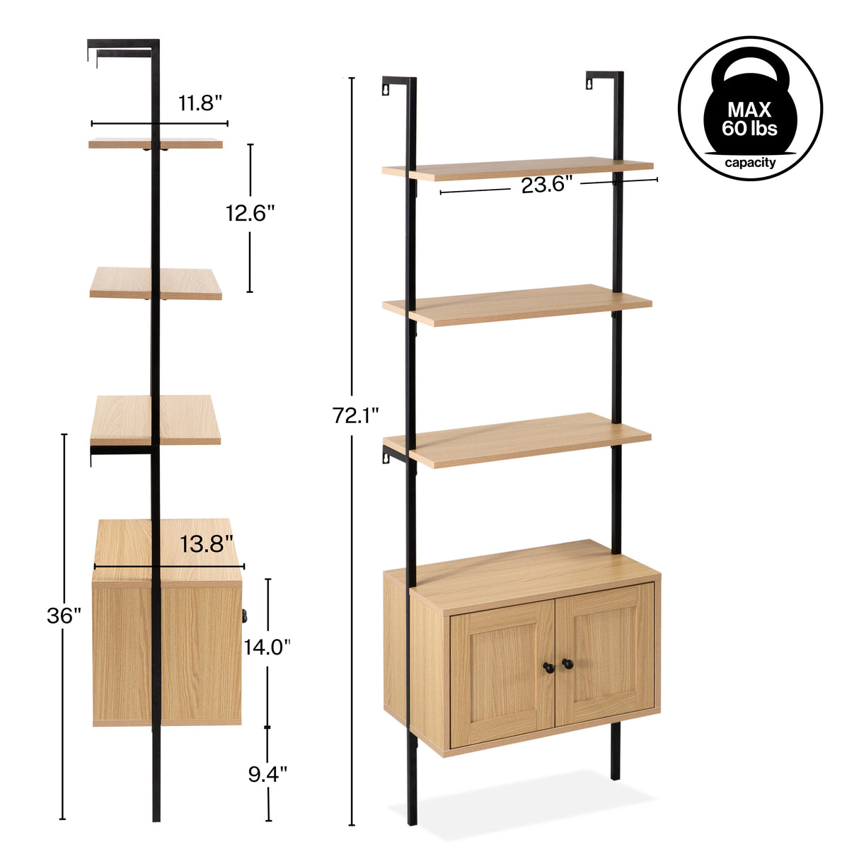 Tulare MidCentury Industrial 4-Shelf Wood Wall-Mounted Open Ladder Bookcase with Cabinet and Metal Frame