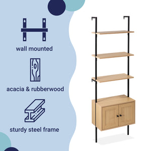 Tulare MidCentury Industrial 4-Shelf Wood Wall-Mounted Open Ladder Bookcase with Cabinet and Metal Frame