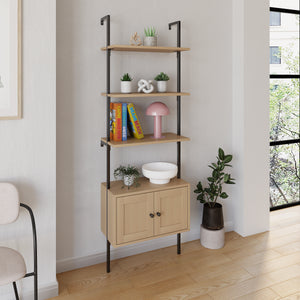 Tulare-MidCentury-Industrial-4-Shelf-Wood-Wall-Mounted-Open-Ladder-Bookcase-with-Cabinet-and-Metal-Frame-Bookcases-&-Standing-Shelves