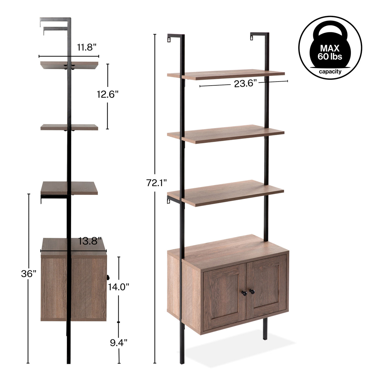 Tulare MidCentury Industrial 4-Shelf Wood Wall-Mounted Open Ladder Bookcase with Cabinet and Metal Frame