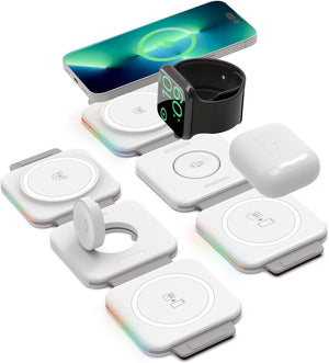 (2 Pack Set) Travel 3 in 1 Charging Station for Multiple Devices Apple Compatible Folding Magnetic Charger for AirPods, Apple Watch and iPhone (Compatible with MagSafe)