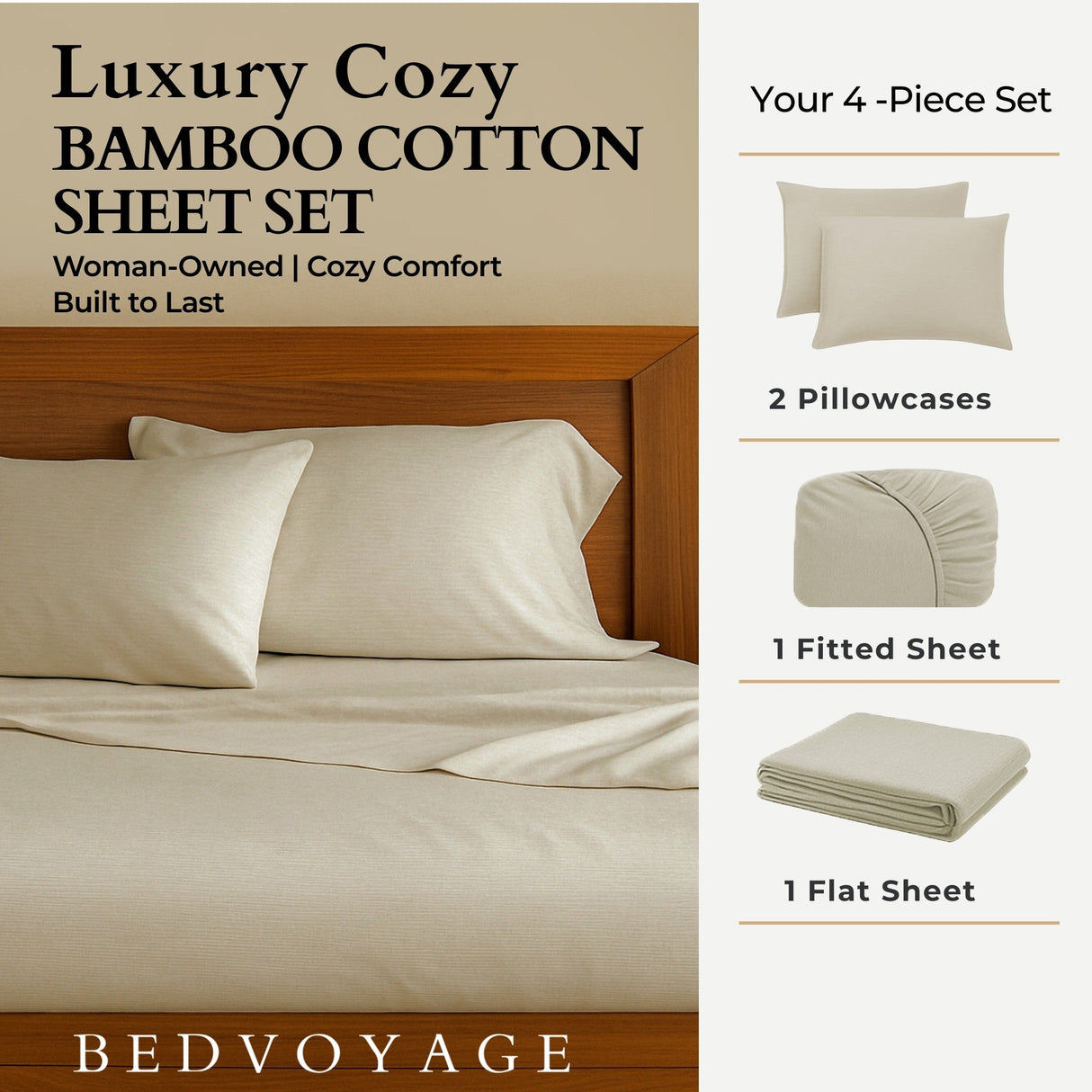Bamboo Cotton Sheet Set - Viscose from Bamboo + Cotton - Sand
