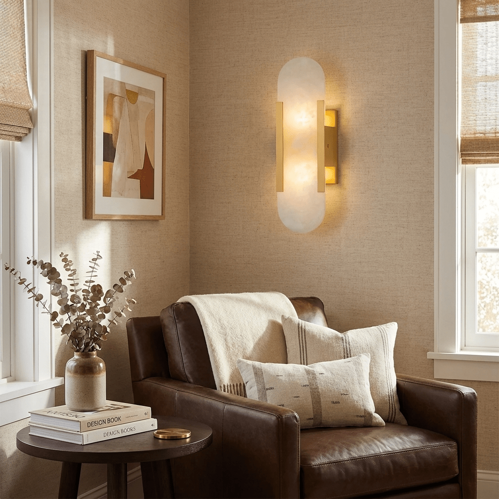 Alvora | Oblong Alabaster Wall Sconce with Brass Accents | Warm Diffused Glow for Foyers