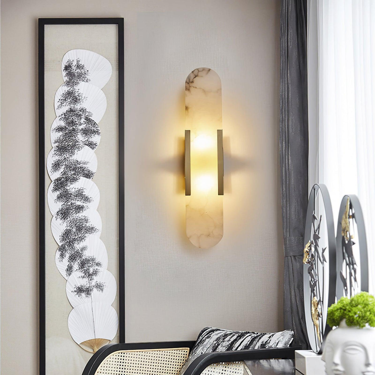 Alvora | Oblong Alabaster Wall Sconce with Brass Accents | Warm Diffused Glow for Foyers