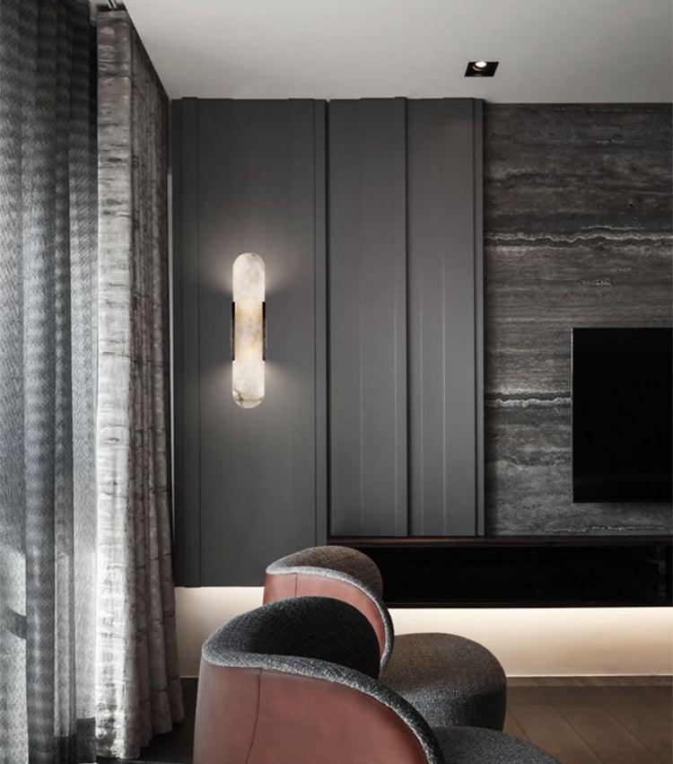Alvora | Oblong Alabaster Wall Sconce with Brass Accents | Warm Diffused Glow for Foyers