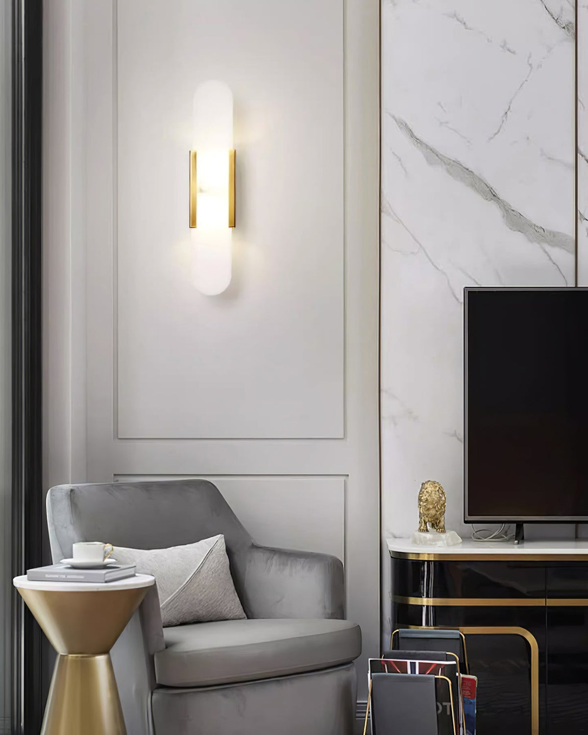 Alvora | Oblong Alabaster Wall Sconce with Brass Accents | Warm Diffused Glow for Foyers