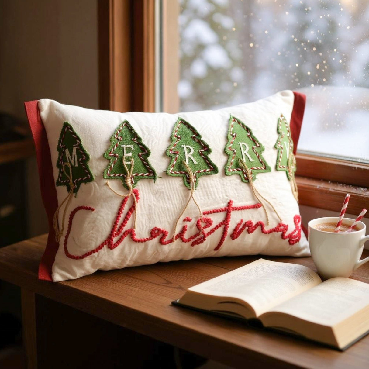 Merry Christmas Embroidered and  Applique Tree with Jute Embellishments Throw Pillow
