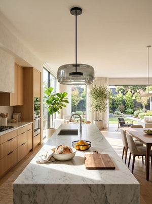 Hand-Blown Glass Sphere Pendant Light with Warm LED | Smoke Grey or Amber Shade