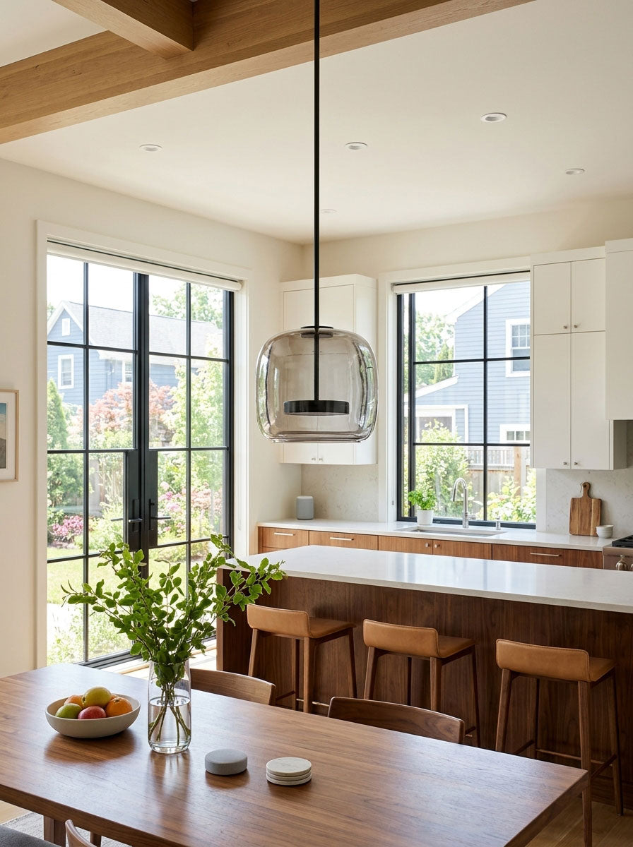 Hand-Blown Glass Sphere Pendant Light with Warm LED | Smoke Grey or Amber Shade