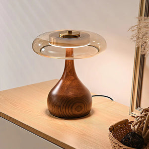Mid Century Wood Glass Table Lamp LED Dimmable Walnut Disc Light
