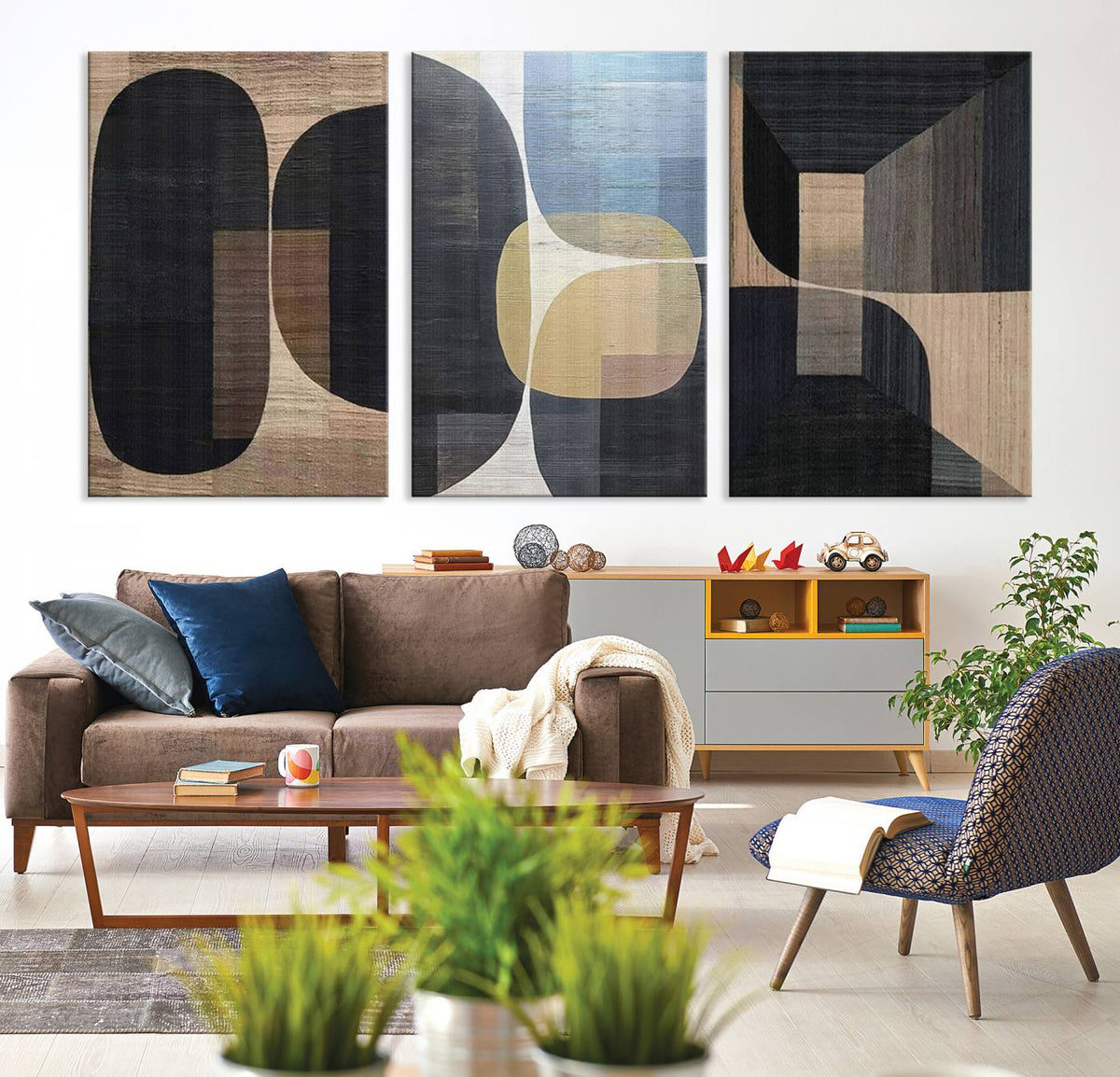 Minimalist 3-Panel Abstract Brown Wabi Sabi Wall Art Canvas